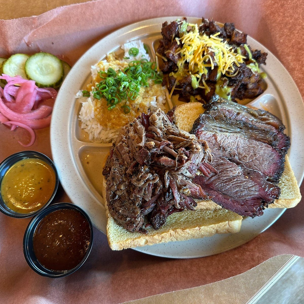 LeRoy and Lewis Barbecue signature dishes Beef Cheeks, Akaushi Brisket, Barbacoa.